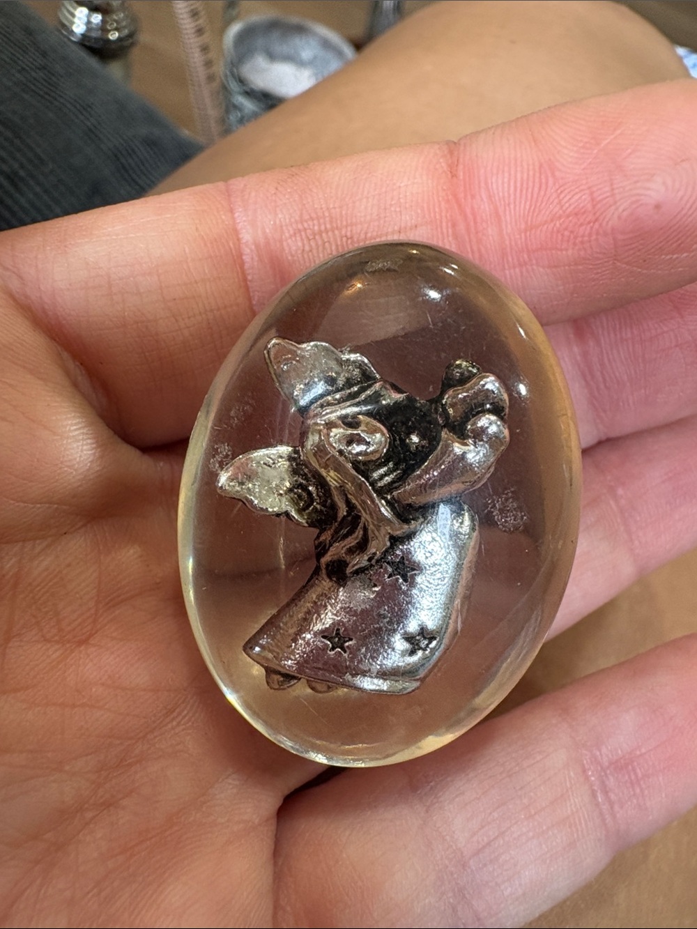 19-Hand tranquility Silver Angel pocket stone- Clear Oval